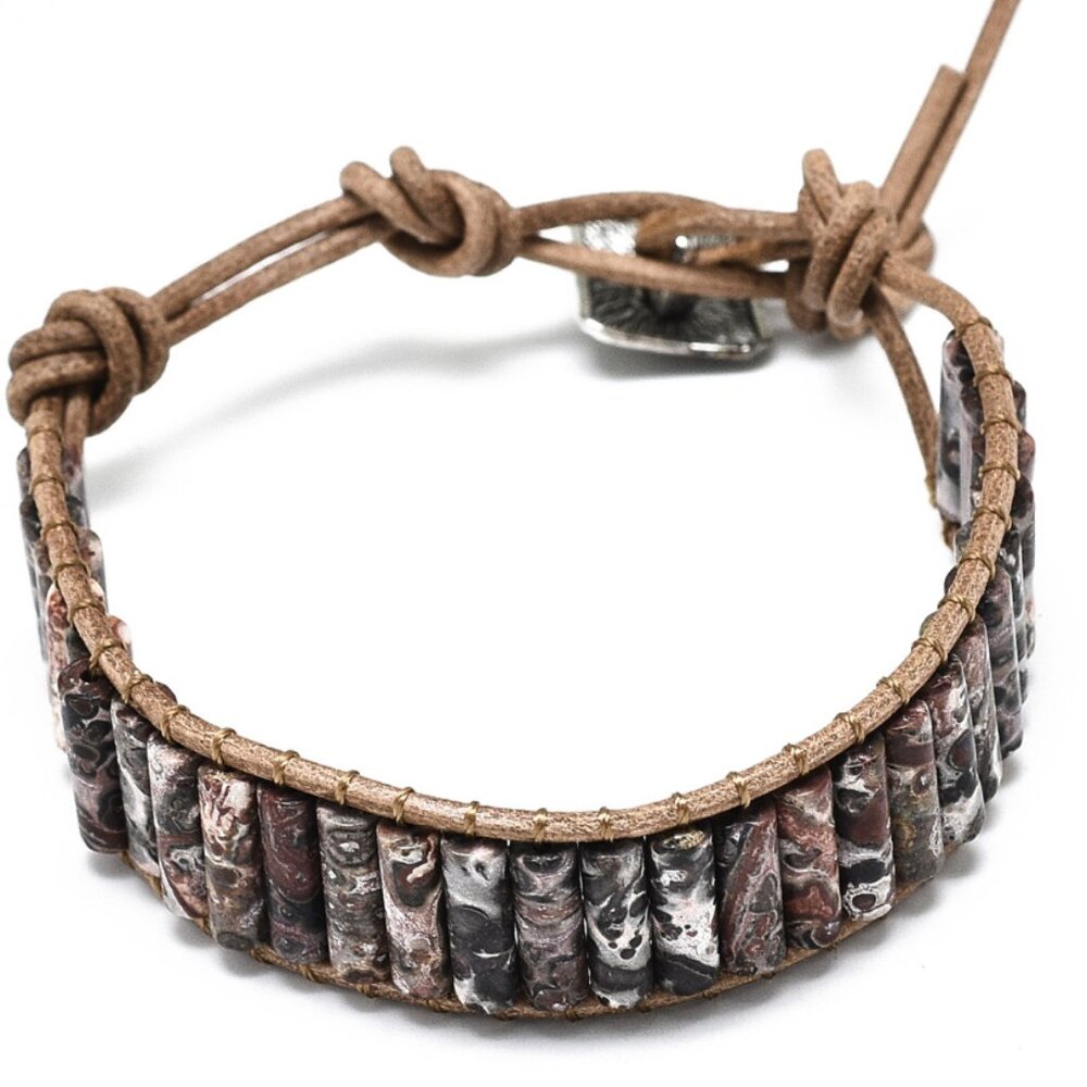 NWOT natural  leopard skin jasper Gems & Leather, handmade wrap bracelet GIFT